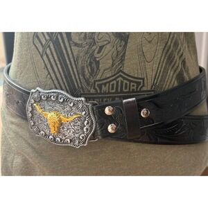 Western Black Leather Belt Longhorn Steer Buckle Floral Tooled 40" Length